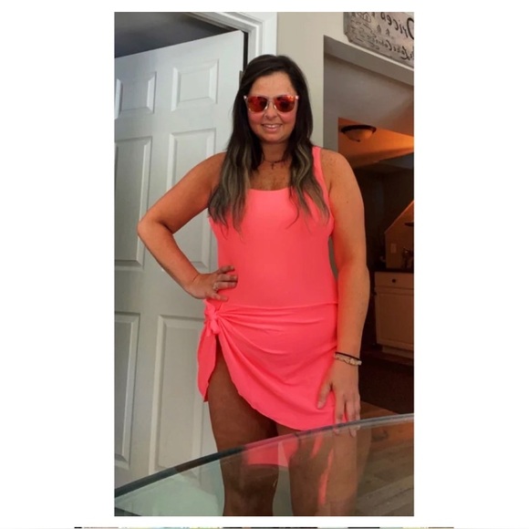 Hot Neon Coral Swim Dress - Picture 1 of 6
